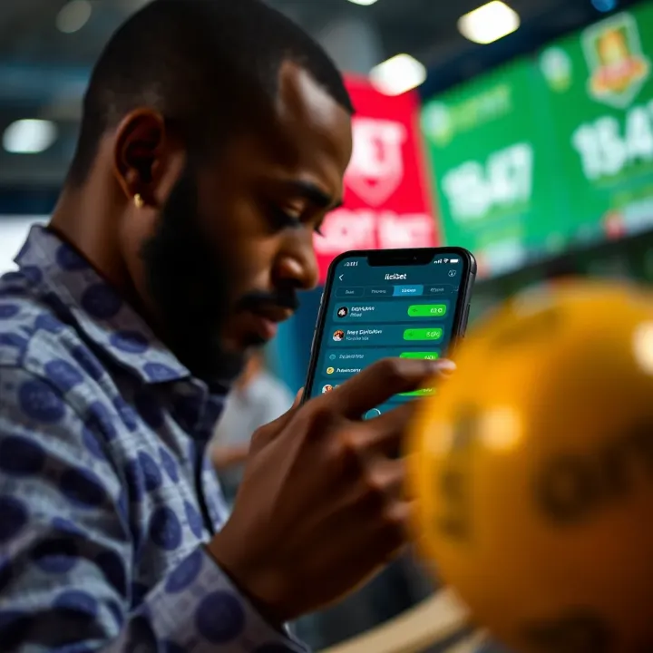 Mobile phone showing iLotBet betting app features with Nigerian network signal